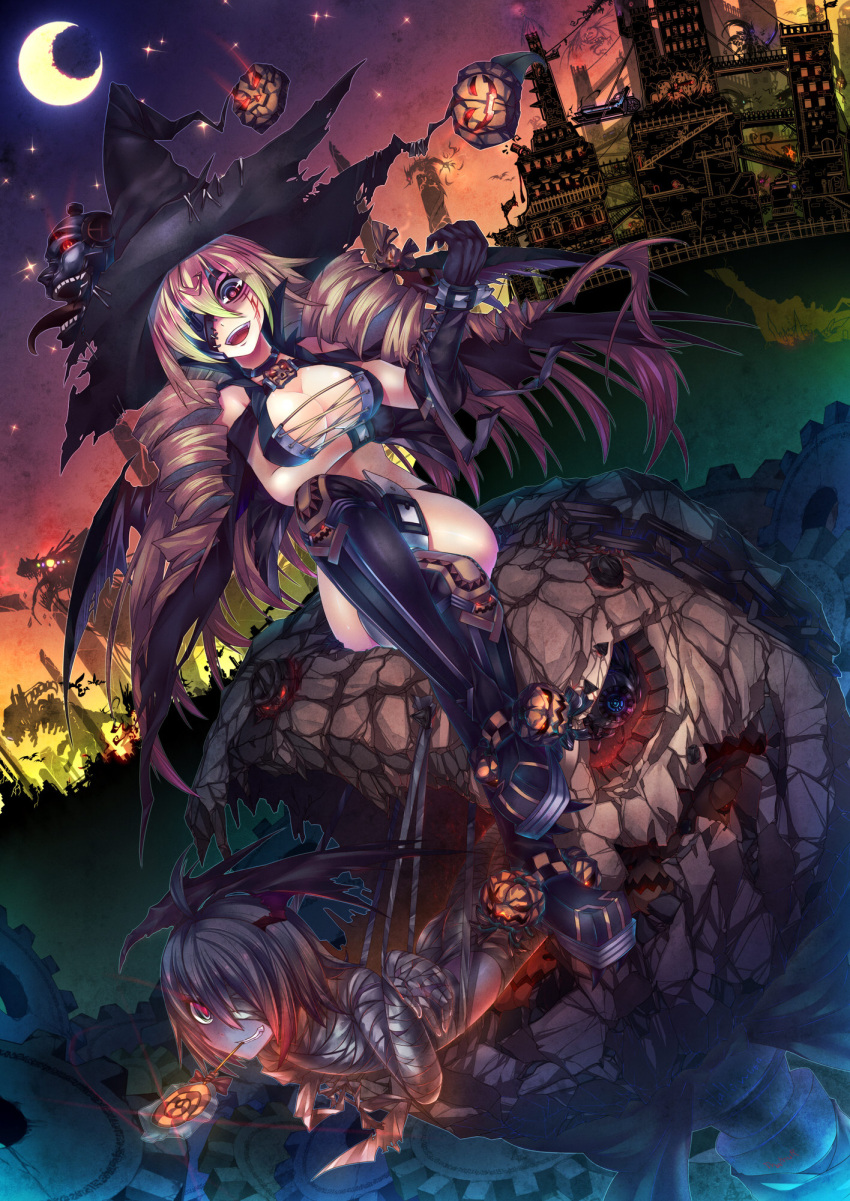 bandages black_hair blonde_hair boots breasts candy cleavage crescent_moon drill_hair elbow_gloves gears gloves grin halloween hat head_wings highres jack-o'-lantern laughing lollipop long_hair mamuru moon mummy open_mouth original pumpkin red_eyes short_hair smile star thigh_boots thighhighs wings witch witch_hat