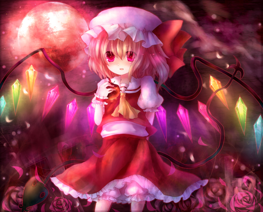 apple arm_behind_back ascot blonde_hair bloomers cross flandre_scarlet flower food fruit full_moon hat highres laevatein maho maho_moco moon moonlight red_eyes red_moon rose short_hair side_ponytail skirt solo the_embodiment_of_scarlet_devil touhou wings wrist_cuffs