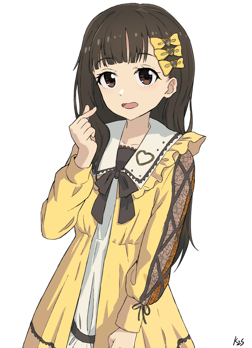1girl absurdres blunt_bangs bow brown_eyes brown_hair cowboy_shot dress finger_heart hair_bow highres k2s long_hair long_sleeves looking_at_viewer make_heroine_ga_oo_sugiru! nukumizu_kaju official_alternate_costume open_mouth signature simple_background solo white_background yellow_bow yellow_dress