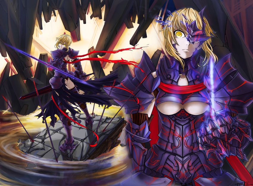 armor armored_dress ass blonde_hair breasts dark_excalibur dress fate/stay_night fate_(series) from_behind highres looking_back saber saber_alter short_hair sword todee type-moon under_boob underboob weapon yellow_eyes