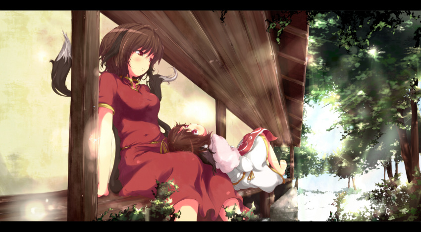 adult animal_ears aruu_(memories) barefoot brown_eyes brown_hair cat_ears cat_tail chen dual_persona highres lap_pillow multiple_girls multiple_tails on_lap short_hair sitting tail touhou