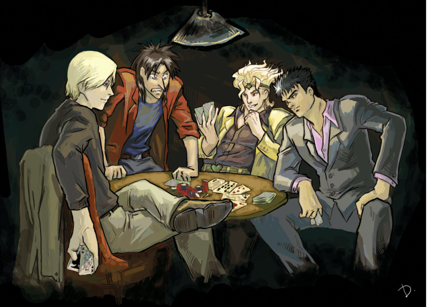 4boys berserk card cards crossed_legs dio_brando drawfag formal guts itou_kaiji johan_liebert jojo_no_kimyou_na_bouken kaiji legs_crossed monster_(manga) multiple_boys playing_card playing_cards sitting suit tears