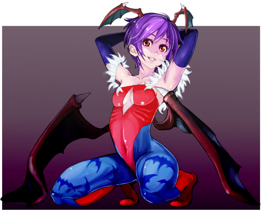 bat_wings boots capcom elbow_gloves gloves grin head_wings kneeling lilith_aensland pantyhose print_pantyhose purple_hair red_eyes short_hair smile solo squatting stretch stretching vampire_(game) wings zuroo