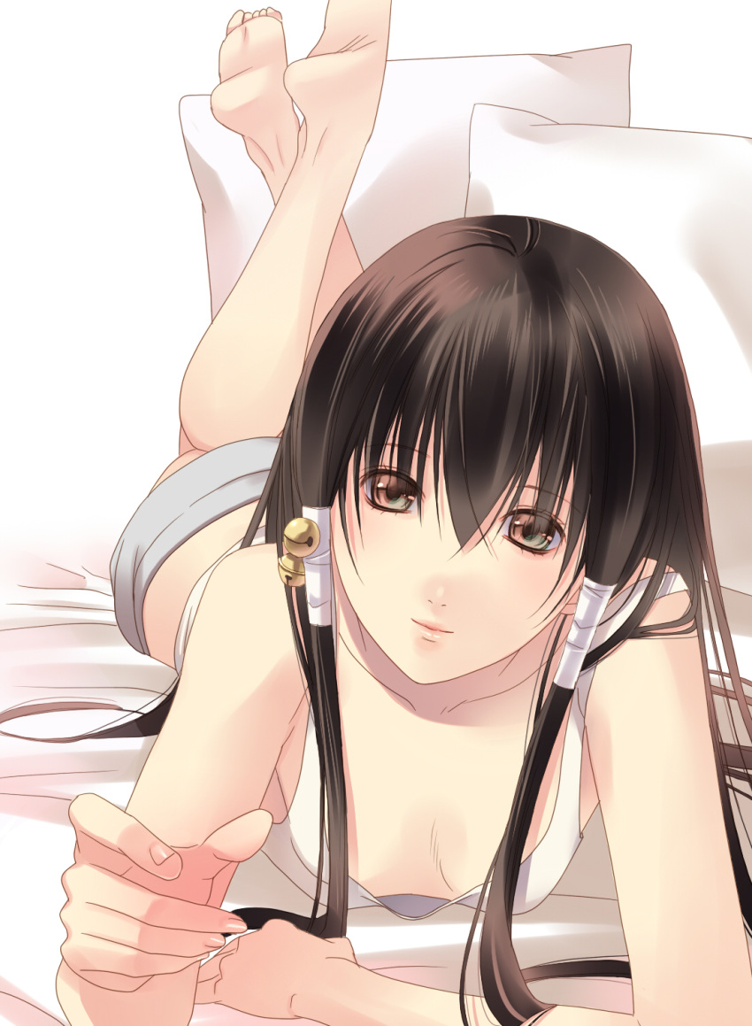 bed bell black_hair brown_hair down_blouse feet foreshortening fuuchouin_kazuki getbackers hair_tubes highres long_hair lying male on_stomach papillon10 pillow smile trap