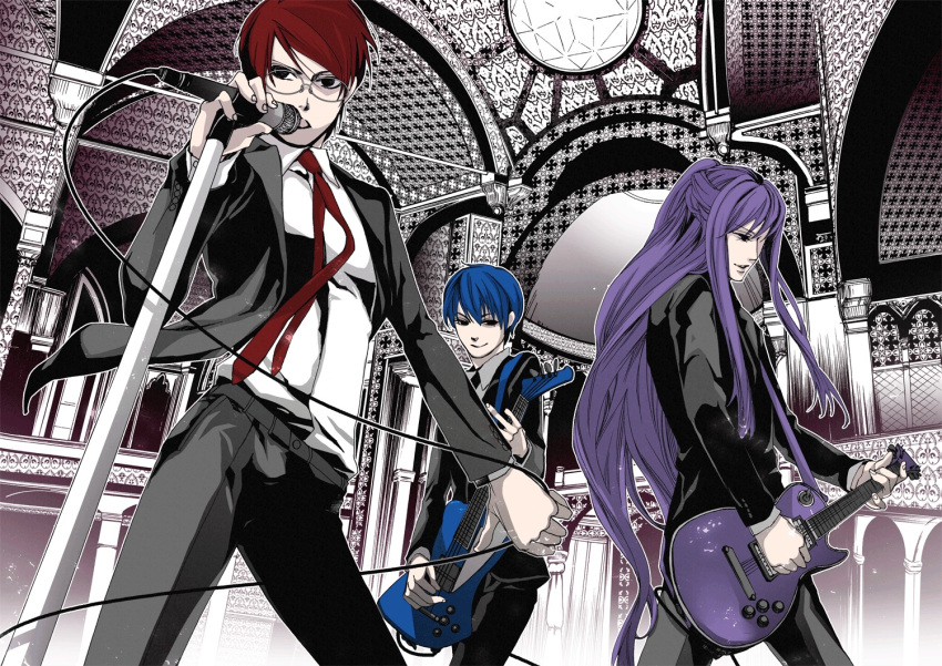 blue_hair brown_hair cable character_request formal glasses guitar highres hiyama_kiyoteru instrument kaito kamui_gakupo long_hair male microphone microphone_stand multiple_boys necktie purple_hair ruko smile suit vocaloid wire