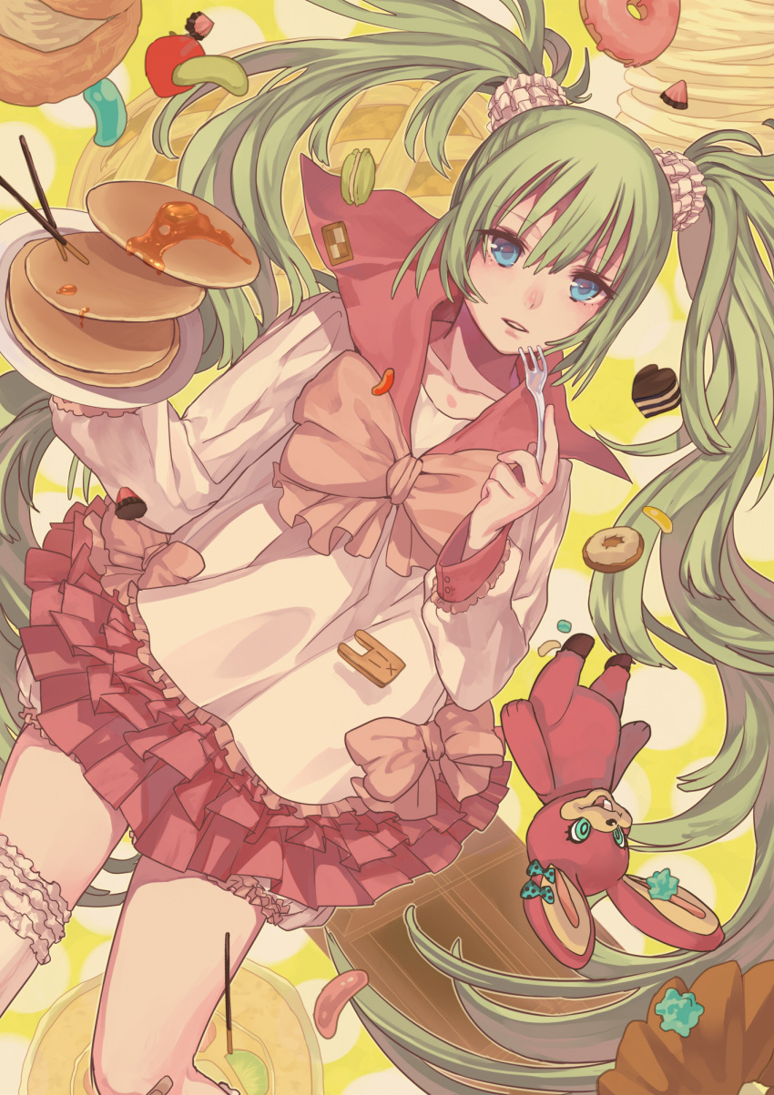 blue_eyes bunny candy doughnut face fork green_hair hatsune_miku highres jelly_bean long_hair lots_of_laugh_(vocaloid) macaron noco pancake pocky rabbit scrunchie skirt stuffed_animal stuffed_toy sweets takekono twintails very_long_hair vocaloid