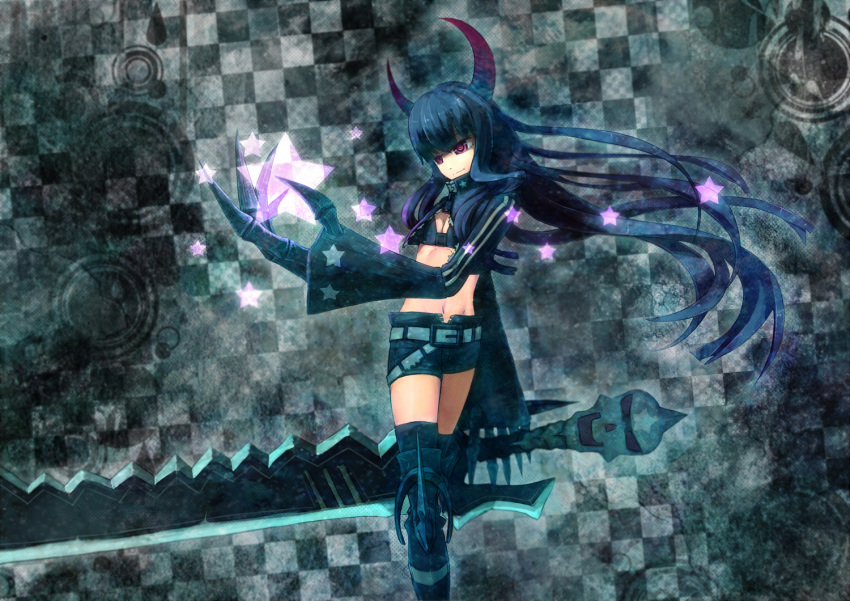 black_gold_saw black_hair black_rock_shooter coat hin_(conqueror) horns huge_sword huge_weapon jacket long_hair midriff pinfan red_eyes shorts smile solo star weapon