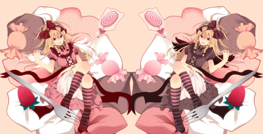 blonde_hair candy dual_persona food footwear fork fruit highres inazuma_eleven inazuma_eleven_(series) lolita_fashion long_hair mary_janes red_eyes shoes socks strawberry striped striped_socks trap