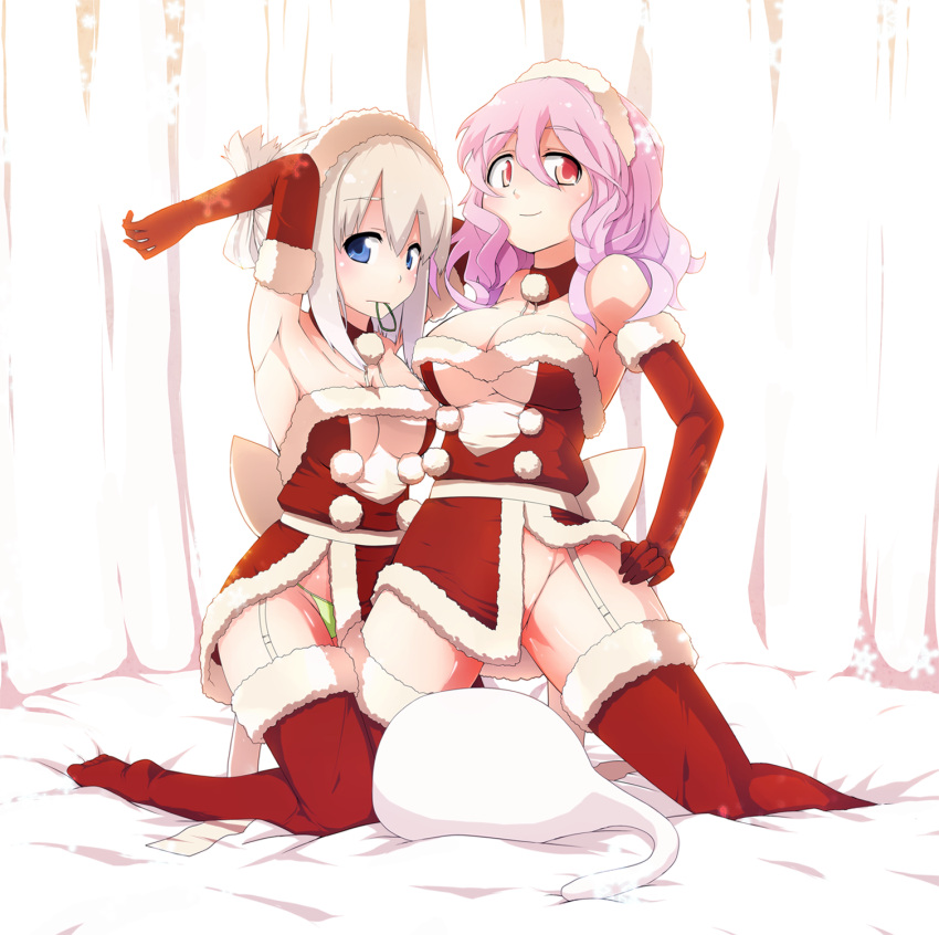 alternate_costume alternate_hairstyle armpits arms_up bare_shoulders blue_eyes breasts christmas cleavage garter_straps gloves hair_up hand_on_hip hands_on_hips highres kneeling konpaku_youmu konpaku_youmu_(ghost) looking_at_viewer mouth_hold multiple_girls myon no_panties on_bed oyaji_kusa panties pink_eyes pink_hair red_eyes saigyouji_yuyuko santa_costume shiny shiny_skin short_hair side_slit silver_hair string_panties thigh-highs thighhighs thighs thong touhou underwear wide_hips