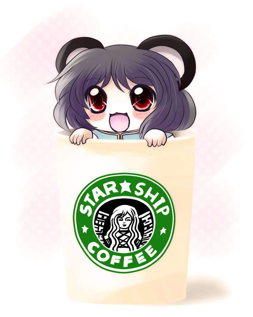 brand_name_imitation chibi cup girl_in_a_cup highres hijiri_byakuren in_container in_cup minigirl mouse_ears nazrin parody red_eyes solo starbucks touhou yume_shokunin