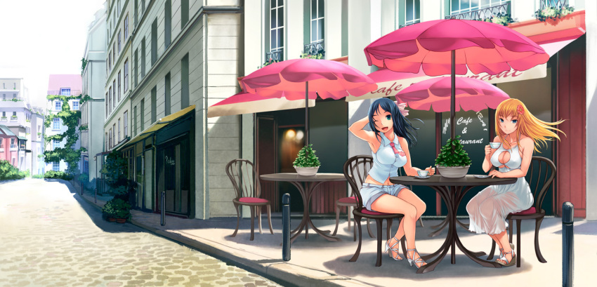 :d ankle_lace-up aqua_eyes blonde_hair blue_hair bosshi breasts cafe chair cleavage cleavage_cutout cobblestone cross-laced_footwear cup dress flower hair_flower hair_ornament hair_ribbon large_breasts legs multiple_girls necktie ojousama_wa_h_ga_osuki open_mouth original reira_(ojousama) ribbon sandals shade shorts sitting sleeveless smile street table tamaki_(ojousama) wind wink