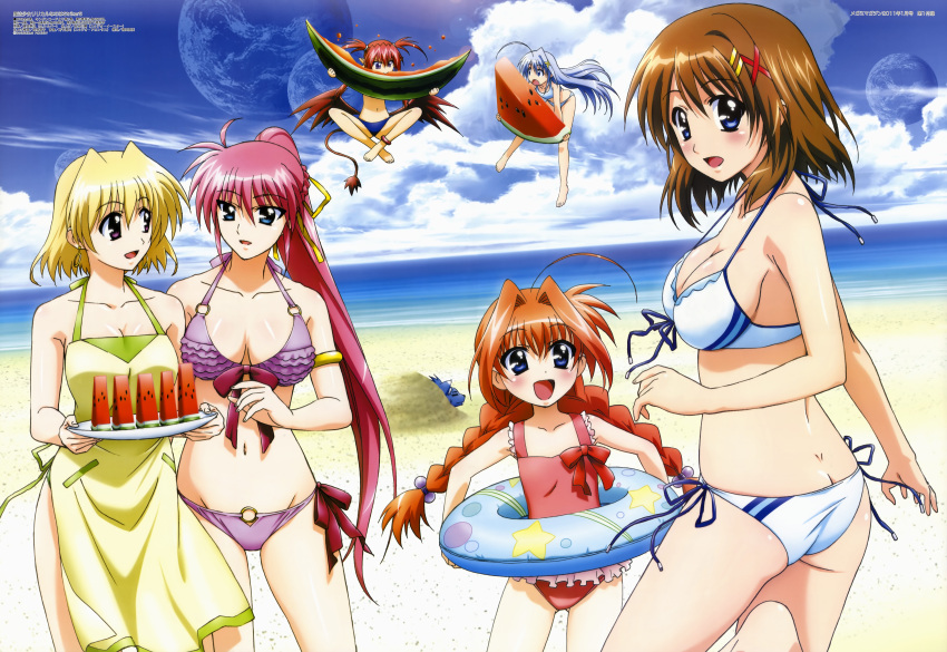 :d :o absurdres agito ahoge apron ass barefoot beach bikini blonde_hair blue_eyes blush braid breasts brown_hair butt_crack casual_one-piece_swimsuit cleavage cloud clouds food frilled_swimsuit frills front-tie_top fruit hair_ornament hair_ribbon hairclip highres innertube long_hair looking_back lyrical_nanoha mahou_shoujo_lyrical_nanoha mahou_shoujo_lyrical_nanoha_a's mahou_shoujo_lyrical_nanoha_strikers megami minigirl moon multiple_girls multiple_moons navel nearly_naked_apron ocean official_art okuda_yasuhiro one-piece_swimsuit open_mouth pink_hair ponytail red_eyes reinforce_zwei ribbon shamal short_hair short_twintails side-tie_bikini sideboob signum silver_hair sky smile swimsuit tail twin_braids twintails very_long_hair vita water watermelon yagami_hayate zafira