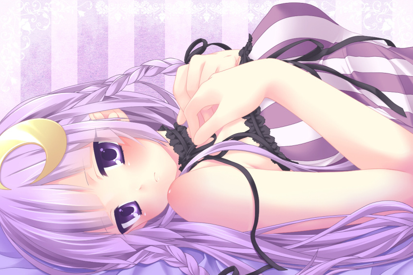 adapted_costume alternate_hairstyle bare_shoulders blush braid camisole choker close-up crescent crescent_moon etou_(cherry7) hair_ornament long_hair looking_at_viewer lying on_back patchouli_knowledge purple_eyes purple_hair solo touhou twin_braids violet_eyes