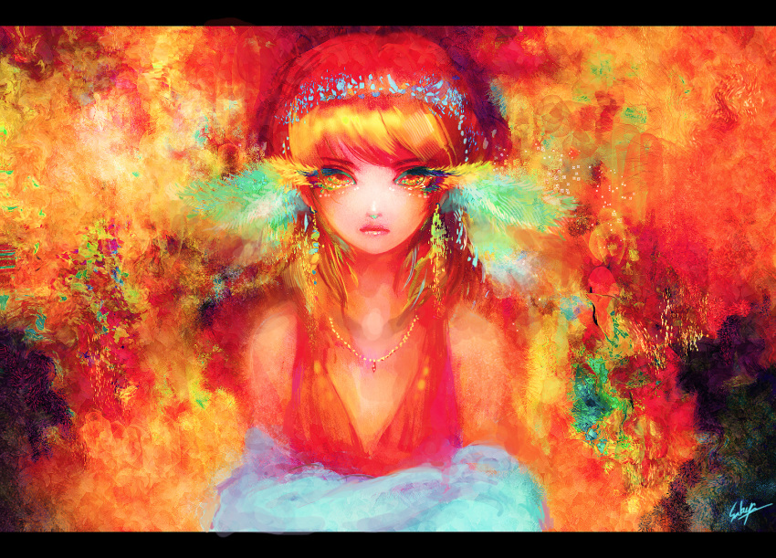 bare_shoulders colorful earrings hairband jewelry looking_at_viewer necklace orange_(color) original portrait sakaya313 solo speed_painting