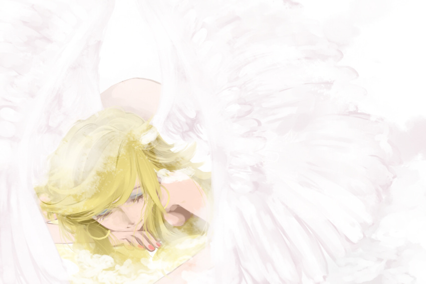 angel_wings blonde_hair closed_eyes earrings eyes_closed eyeshadow jewelry light_smile lying makeup nail_polish nude pale_color pale_colors panty_&amp;_stocking_with_garterbelt panty_(character) panty_(psg) sleeping solo white white_background wings yeksv