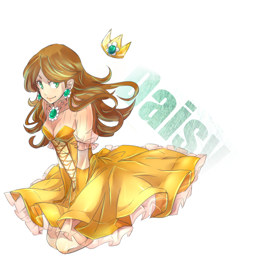 crown dress earrings elbow_gloves gadidae gloves green_eyes jewelry kneeling long_hair nintendo princess_daisy smile super_mario_bros.