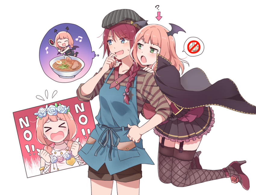 2girls :d :o ? alternate_hairstyle angel_wings ankle_strap apron armlet bang_dream! bangs black_cape black_legwear black_shorts black_skirt blue_eyes blue_flower blue_rose bowl bracer braid cape clenched_hands demon_wings directional_arrow fang fishnet_legwear fishnets flower flying_sweatdrops food frilled_skirt frills garter_straps green_eyes grey_shirt hair_down hair_over_shoulder hand_on_hip hand_on_own_chest hands_on_another's_shoulders hands_up head_wings head_wreath high_heels imagining long_hair low_twintails medium_hair minigirl multiple_girls musical_note no noodles onion open_mouth pleated_skirt purple_footwear ramen re_ghotion red_flower red_neckwear red_rose rose shirt shorts single_braid skirt smile spoken_no_symbol spoken_object spoon striped striped_shirt sweatdrop thigh-highs twintails udagawa_tomoe uehara_himari v-shaped_eyebrows white_background wings