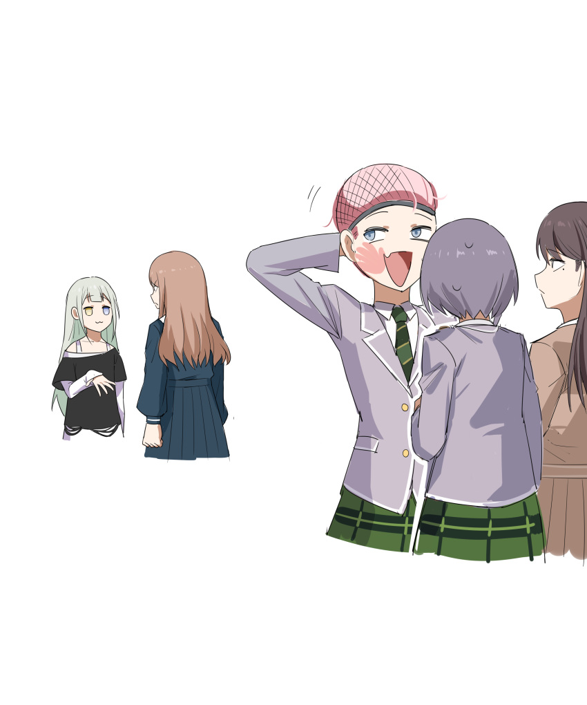 5girls :3 absurdres angry arm_behind_head bang_dream! bang_dream!_it's_mygo!!!!! black_hair black_shirt blue_eyes blue_shirt blue_skirt brown_dress brown_hair chihaya_anon closed_mouth collared_shirt commentary cosplay dated_commentary diagonal-striped_clothes diagonal-striped_necktie dress fang green_hair green_necktie green_skirt grey_eyes grey_hair grey_jacket hair_net hanasakigawa_school_uniform haneoka_school_uniform heterochromia highres jacket kaname_raana layered_sleeves long_hair long_sleeves mole mole_under_eye multiple_girls mygo!!!!!_(bang_dream!) nagasaki_soyo necktie open_mouth outline pink_hair plaid_clothes plaid_skirt pleated_dress pleated_skirt school_uniform shiina_taki shirt short_hair short_over_long_sleeves short_sleeves simple_background single_off_shoulder skin_fang skirt slap_mark slap_mark_on_face striped_clothes sweatdrop takamatsu_tomori tsukinomori_school_uniform wakaba_mutsumi wakaba_mutsumi_(cosplay) white_background white_outline white_shirt wig yellow_eyes yzj21333