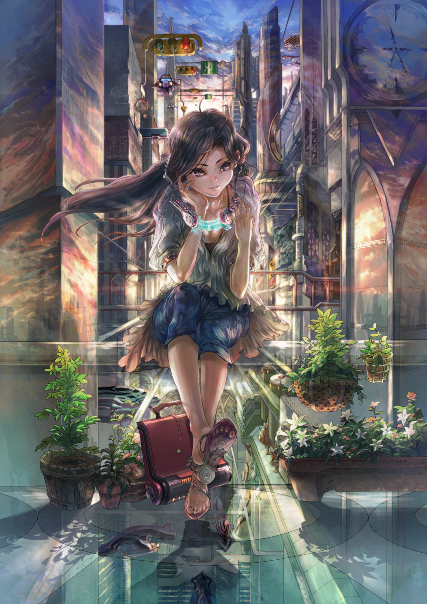 breasts cleavage clock cloud clouds floating_hair headphones highres kopa long_hair original plant reflection science_fiction sitting sky slippers solo sunset traffic_light