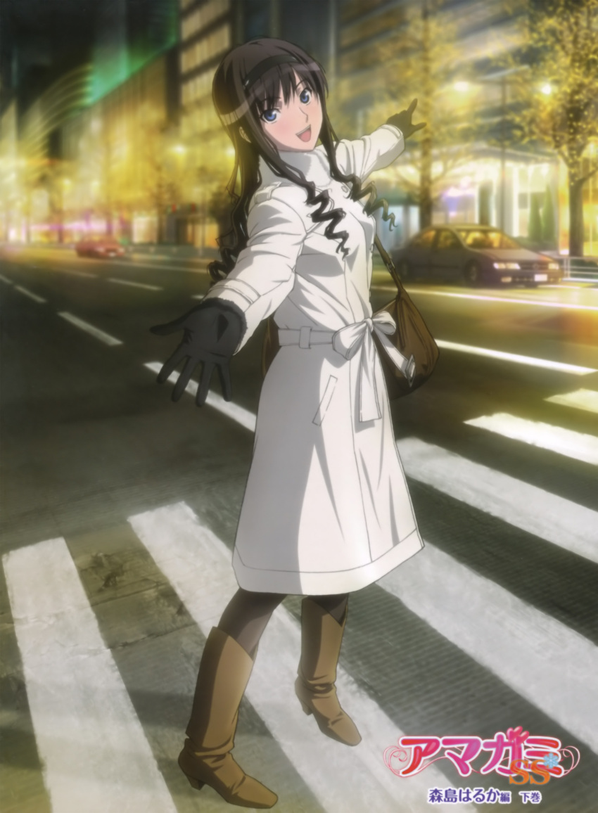 amagami bag black_hair blue_eyes boots city coat cover crosswalk drill_hair dvd_cover gloves hairband highres long_hair morishima_haruka night official_art open_mouth outstretched_arms pantyhose solo