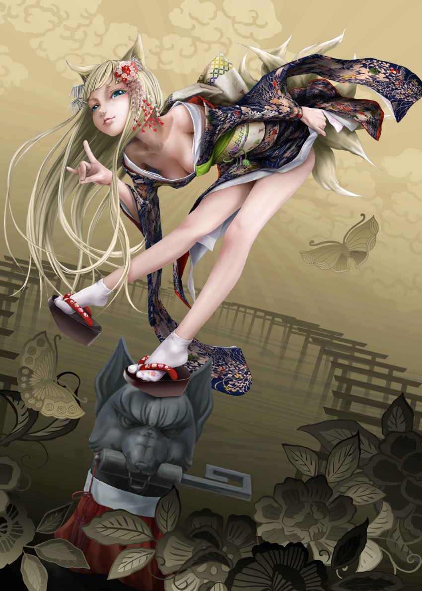 bent_over blonde_hair blue_eyes breasts cleavage clog_sandals down_blouse flower footwear fox_ears fox_tail hair_flower hair_ornament hands highres japanese_clothes kimono kyuubi legs lips no_lineart original pi_(pppppchang) socks tail torii