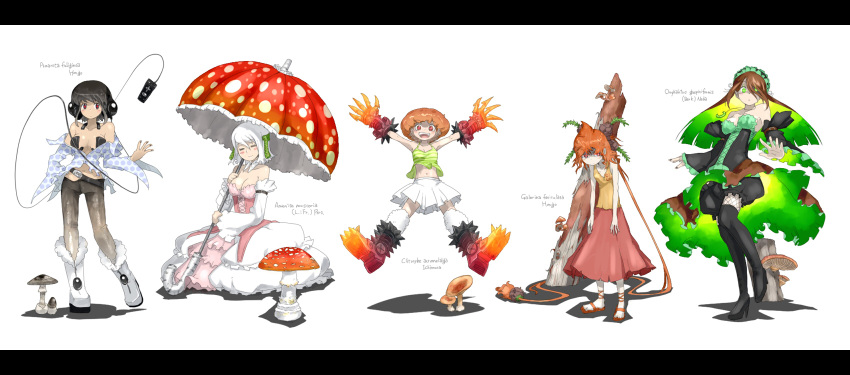 5girls :d afro amanita_fuliginea amanita_muscaria bare_shoulders black_hair black_legwear black_thighhighs blush boots breasts brown_hair claws cleavage clitocybe_acromelalga closed_eyes corset detached_sleeves digital_media_player dress eyes_closed fishnets galerina_fasciculata glowing glowing_eyes green_eyes green_hair hair_over_one_eye hairband halter_top halterneck headphones high_heels highres lineup log long_hair long_image midriff miniskirt multicolored_hair multiple_girls mushroom navel off_shoulder omphalotus_guepiniformis open_mouth orange_hair original oso oso_(toolate) pants personification red_eyes sandals shoes short_hair skirt smile thigh-highs thighhighs umbrella unbuttoned white_hair wide_image