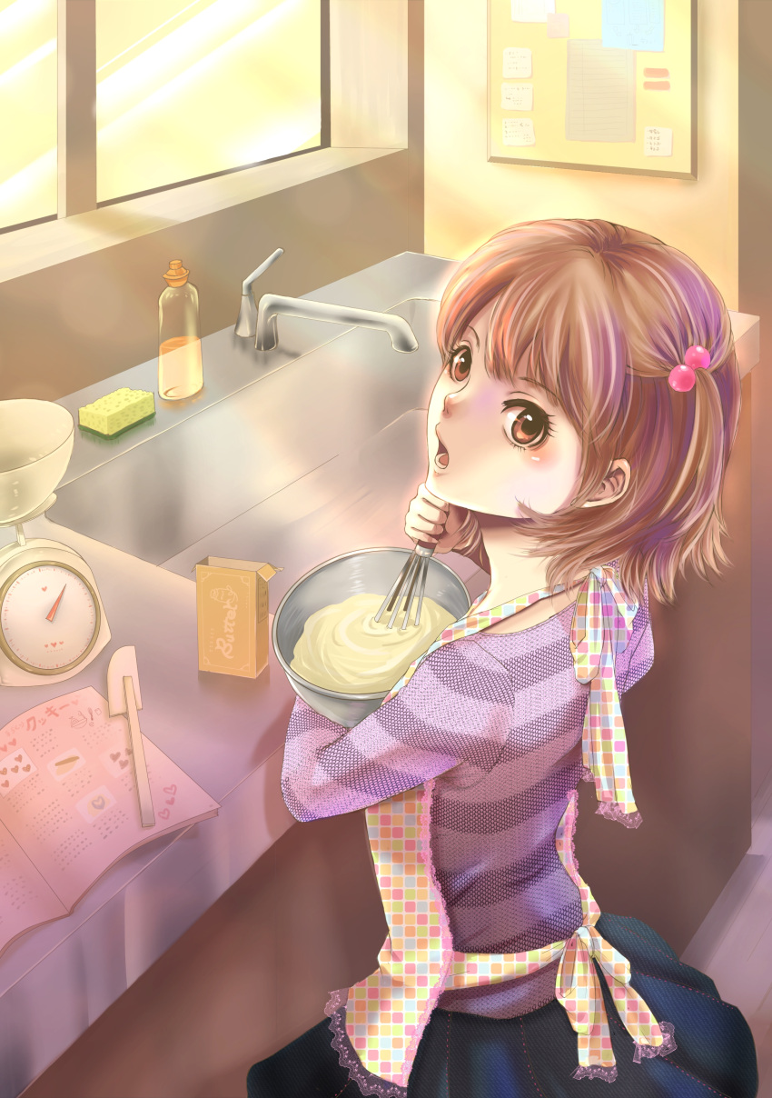 absurdres apron batter beads blush brown_eyes brown_hair bulletin_board butter cookie cooking copyright_request counter dress ear faucet food highres kitchen lace ribbon scale sink skirt soap spatula sponge talking time-flies whisk window
