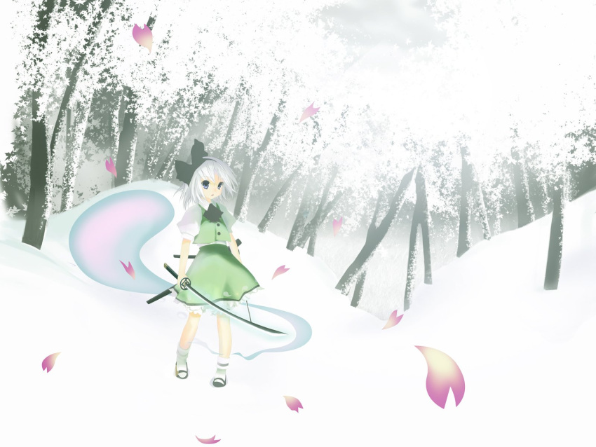 cherry_blossoms dual_wielding hairband highres hitodama konpaku_youmu konpaku_youmu_(ghost) mahan mary_janes petals shoes short_hair silver_hair skirt snow socks solo touhou tree vest white_legwear