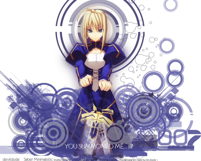ahoge blonde_hair caliburn dress excalibur fate/stay_night fate_(series) green_eyes missing_link puffy_sleeves saber shingo solo sword wallpaper weapon
