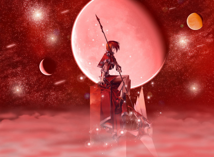 dragoon fog highres moon planet red red_hair red_moon scythe sitting sky space wallpaper weapon