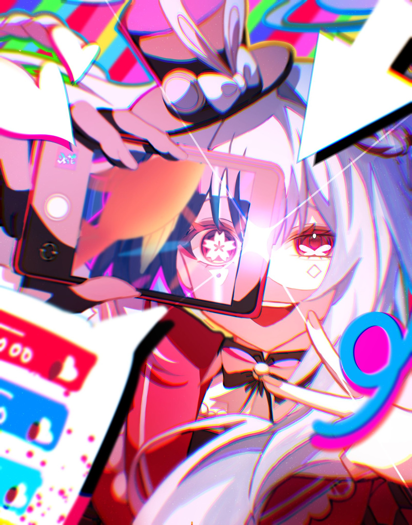 1girl black_gloves diamond_on_cheek dual_persona flower-shaped_pupils gloves hat hat_ornament highres honkai:_star_rail honkai_(series) long_hair mini_hat mini_top_hat open_mouth pokari_4629 rabbit_ear_headwear rabbit_hat_ornament red_eyes solo sparkle_(honkai:_star_rail) sparxie_(honkai:_star_rail) symbol-shaped_pupils top_hat twintails v white_hair