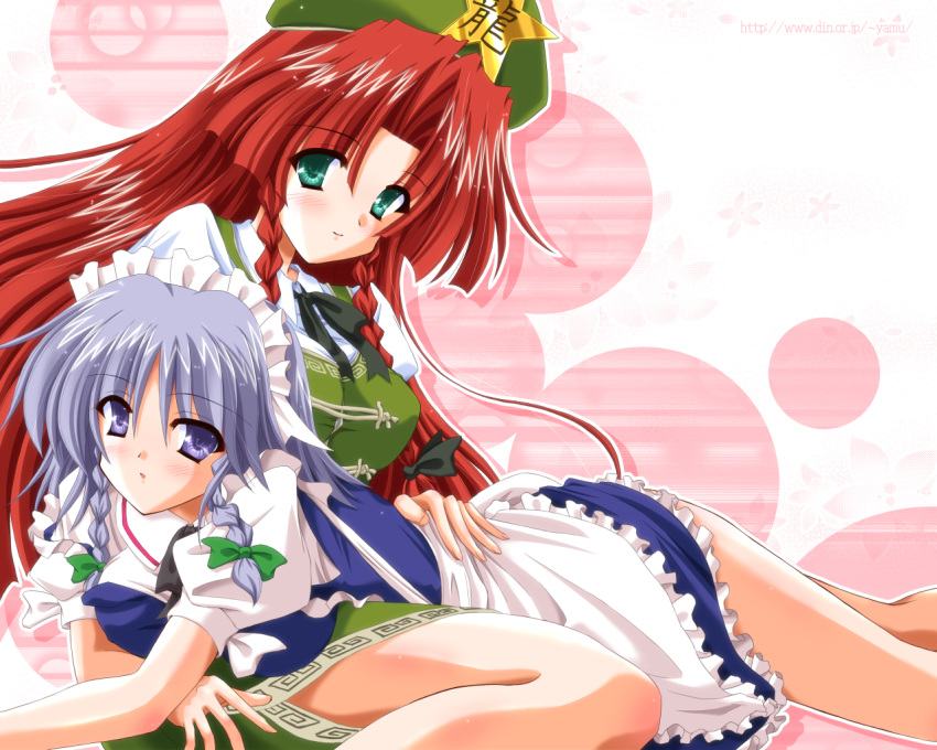apron blush bow braid china_dress chinese_clothes green_eyes hair_bow hand_on_back hat hong_meiling izayoi_sakuya lavender_eyes lavender_hair long_hair maid maid_headdress multiple_girls on_stomach open_mouth red_hair reverse_noise short_hair smile star touhou twin_braids wallpaper yamu_(reverse_noise)