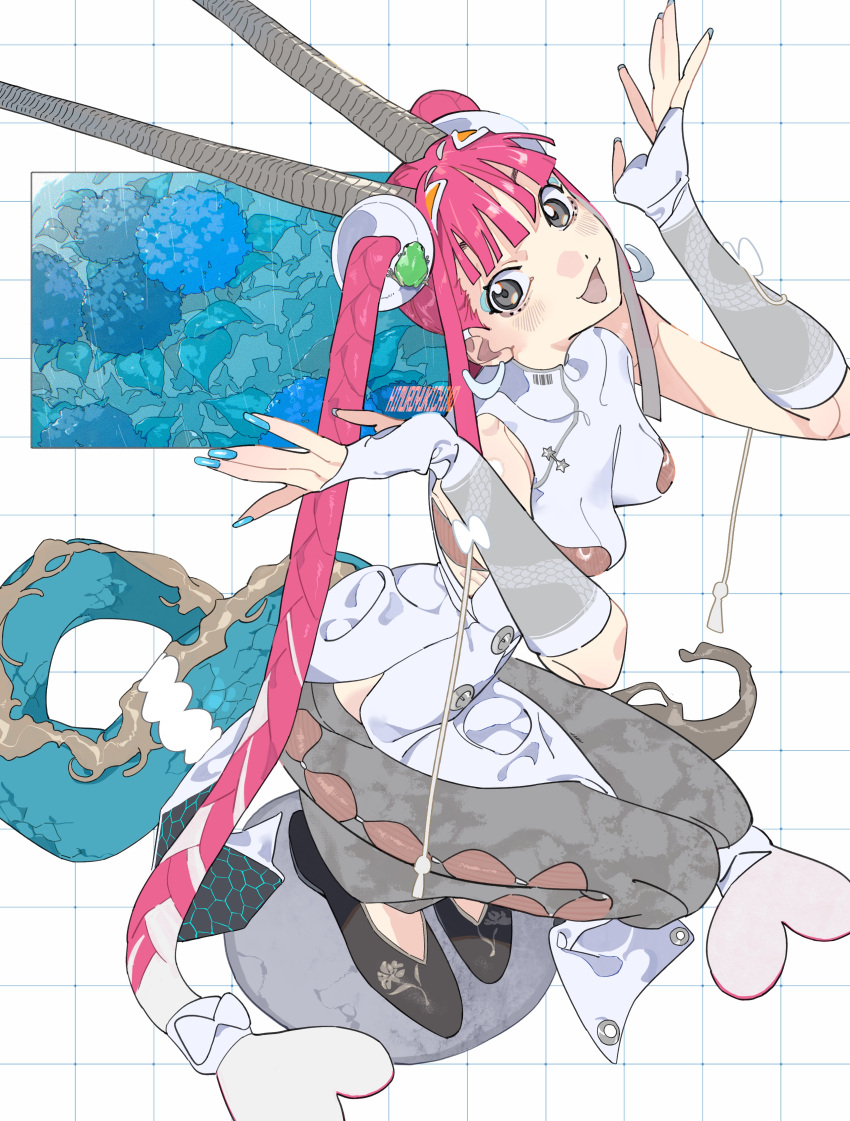 1girl absurdres bandaid barcode black_slippers blue_nails chinese_clothes clothing_cutout dragon_girl dragon_horns dragon_tail earclip eastern_dragon_tail electric_plug fingernails flower frog frog_hair_ornament from_above grey_eyes grid_background hair_bun hair_ornament happy heart_hair_bun highres himuro_yukichiko horns hydrangea leotard long_arms long_fingernails long_hair looking_at_viewer monster_girl multicolored_hair original pink_hair ribs science_fiction shrugging side_cutout side_slit sleeveless slippers solo squatting tail tail_ornament underboob_cutout white_hair white_wrist_cuffs wrist_cuffs