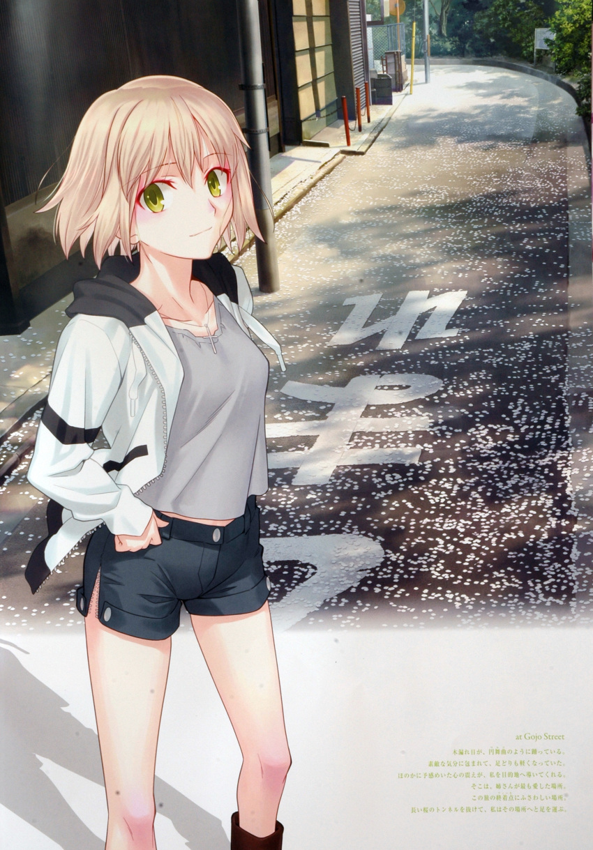 blonde_hair boots building cherry_blossoms copyright_request cross eyeshadow flat_chest green_eyes hand_on_hip highres hoodie jacket jewelry legs makeup necklace open_clothes open_jacket outdoors scan shadow short_hair short_shorts shorts smile solo standing street takeuchi_takashi top translation_request unzipped