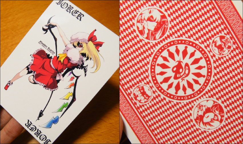 blonde_hair card card_(medium) flandre_scarlet hat holding holding_card hong_meiling izayoi_sakuya laevatein oso oso_(toolate) patchouli_knowledge photo poker red_eyes remilia_scarlet solo the_embodiment_of_scarlet_devil touhou wings