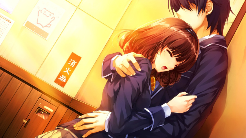 akiyama_sou brown_hair game_cg misaki_kurehito sasaki_kaori sunset ushinawareta_mirai_wo_motomete