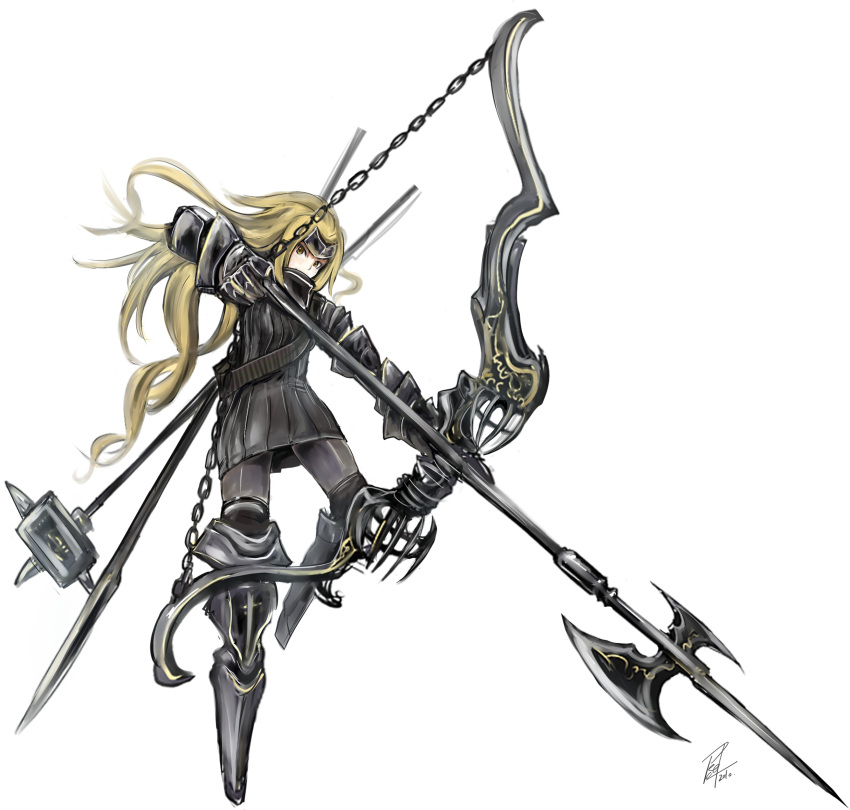 blonde_hair bow_(weapon) chain chains halberd hammer highres ishinomaki long_hair original polearm simple_background solo spear weapon yellow_eyes