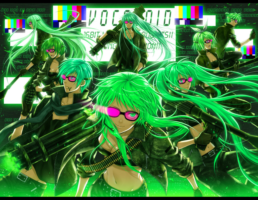 ammunition_belt belt binary bokura_no_16bit_warz_(vocaloid) explosive gatling_gun glasses goggles green_eyes green_hair grenade gumi gun hatsune_miku headset jacket kagamine_len kagamine_rin kaito kamui_gakupo megurine_luka meiko navel ponytail scarf smile twintails vocaloid weapon yuuno_(yukioka)