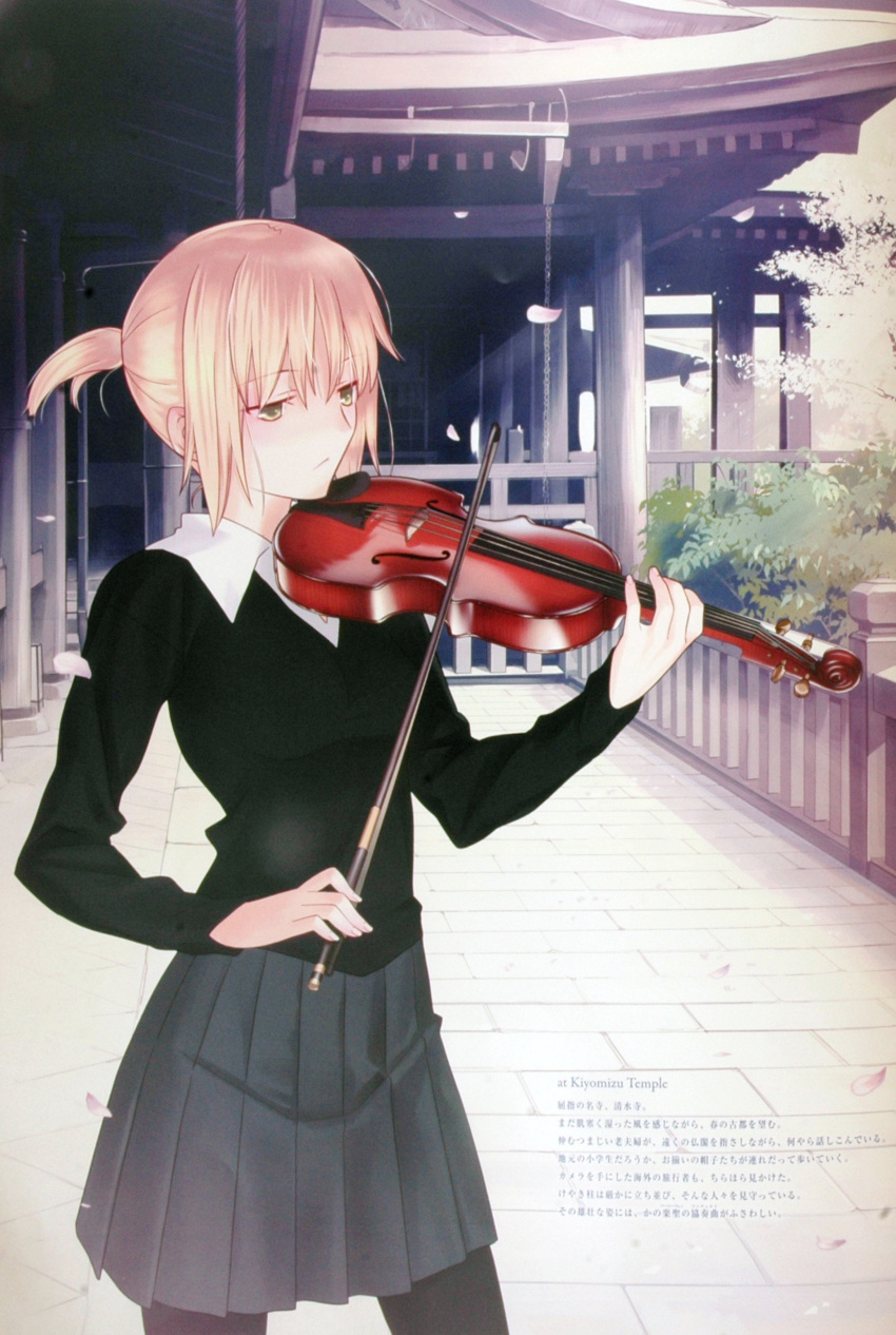 blonde_hair cherry_blossoms copyright_request green_eyes highres instrument pantyhose pullover shirt short_ponytail skirt solo takeuchi_takashi violin