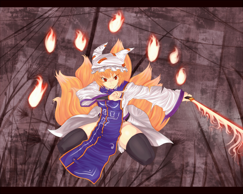 black_legwear black_thighhighs blonde_hair fire fox_tail hat kinniku1234 letterboxed multiple_tails red_eyes solo sword tail thigh-highs thighhighs touhou weapon yakumo_ran