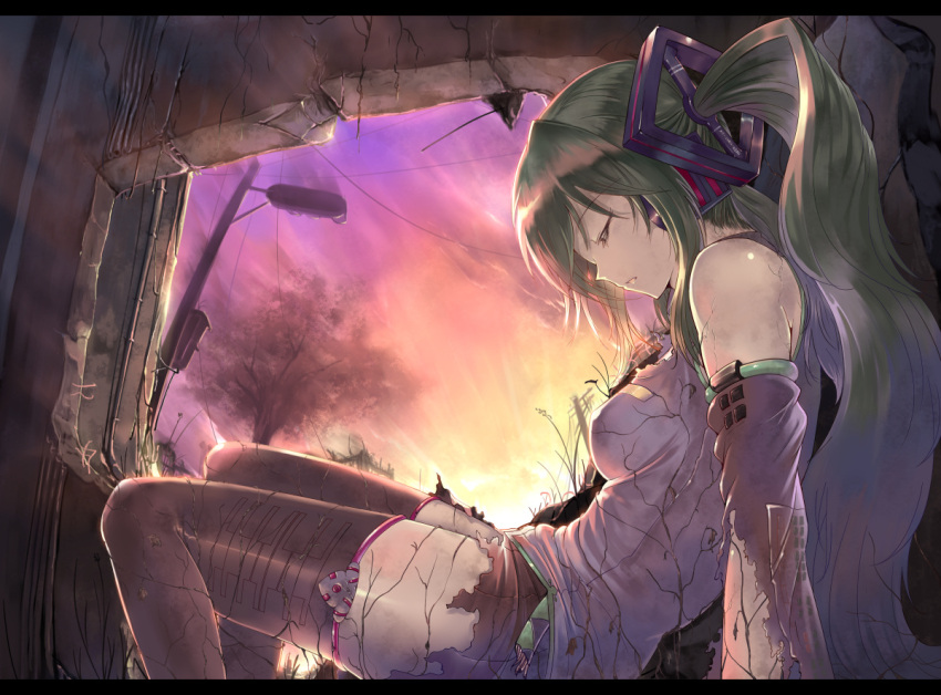 artist_request closed_eyes crack cracks detached_sleeves eyes_closed green_hair hatsune_miku headphones hello_planet_(vocaloid) letterboxed long_hair overgrown plant ruins sitting sky sleeping solo sts sunset thigh_boots twilight twintails very_long_hair vocaloid