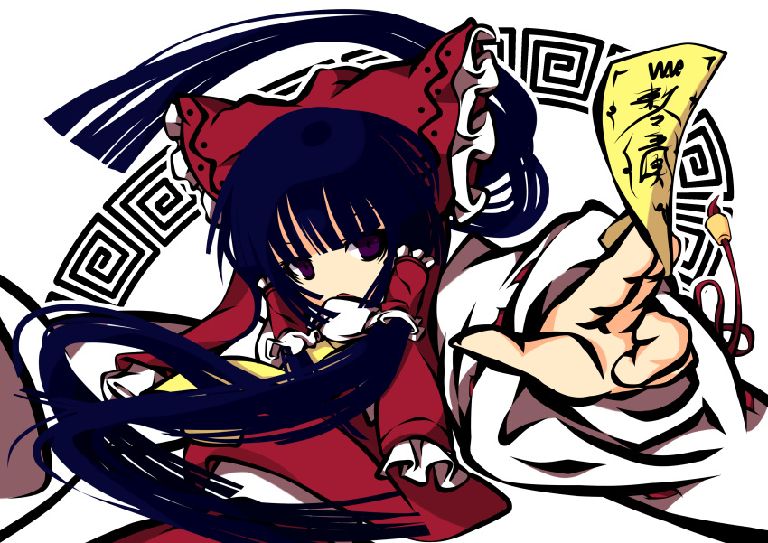 absurdres artist_request ascot bad_id black_hair blue_hair bow detached_sleeves foreshortening hair_bow hair_ornament hakurei_reimu hakurei_reiumu highres japanese_clothes midriff miko need6699955 ofuda outstretched_arm simple_background solo touhou