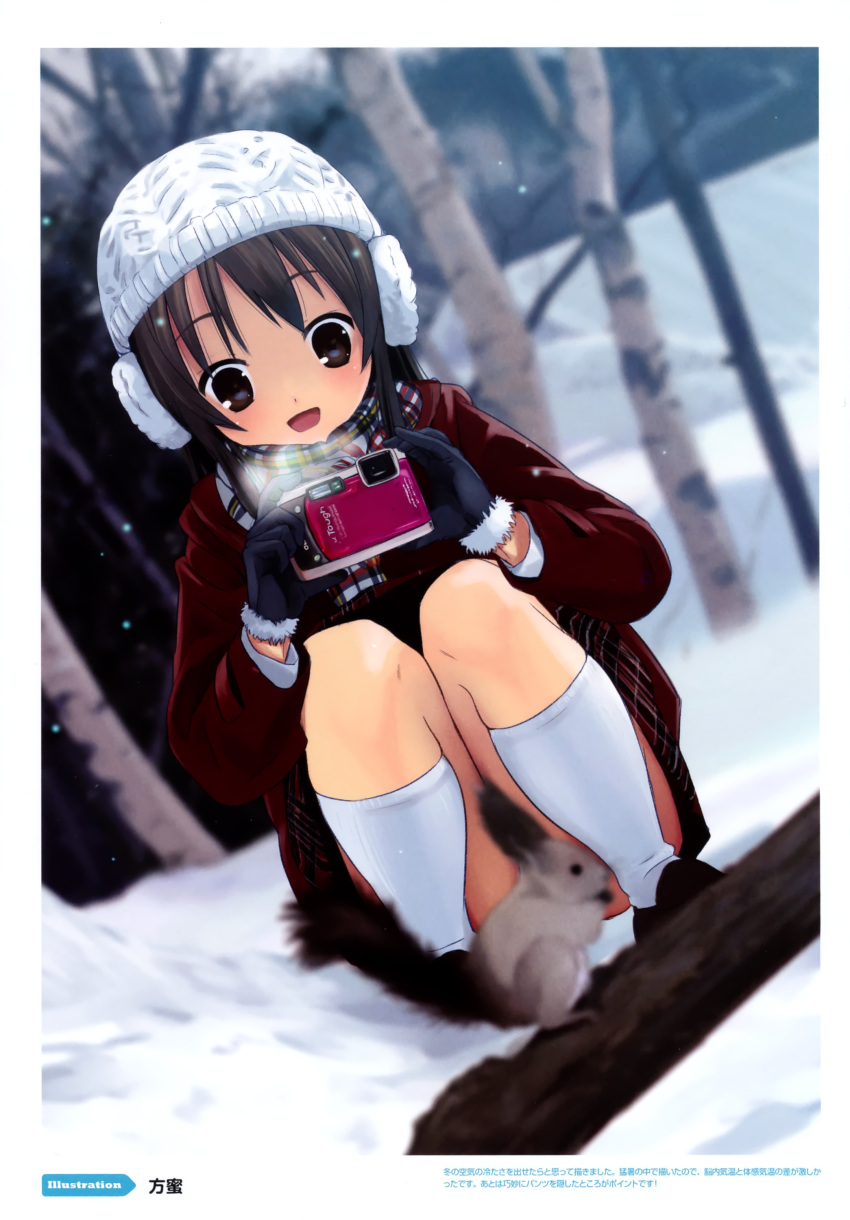 black_hair camera censored convenient_censoring copyright_request highres houmitsu plaid plaid_scarf plaid_skirt scarf skirt snow solo squirrel tree