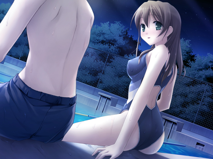 brown_hair game_cg green_eyes itou_hinako kantoku long_hair natsu_no_ame night swimsuit wet