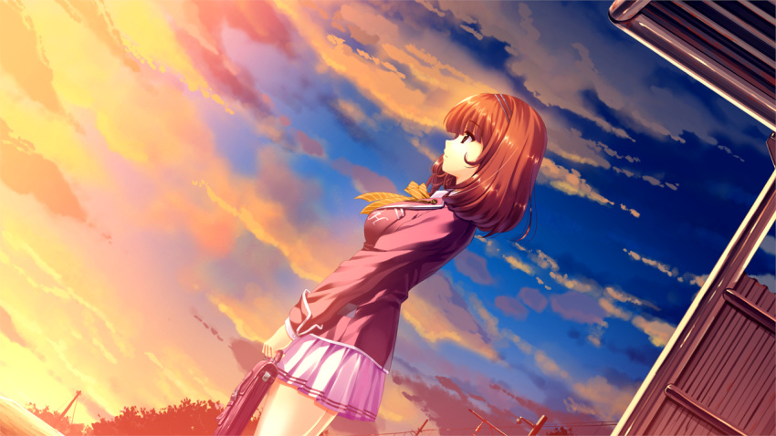 brown_hair clouds game_cg misaki_kurehito sasaki_kaori seifuku short_hair sky ushinawareta_mirai_wo_motomete