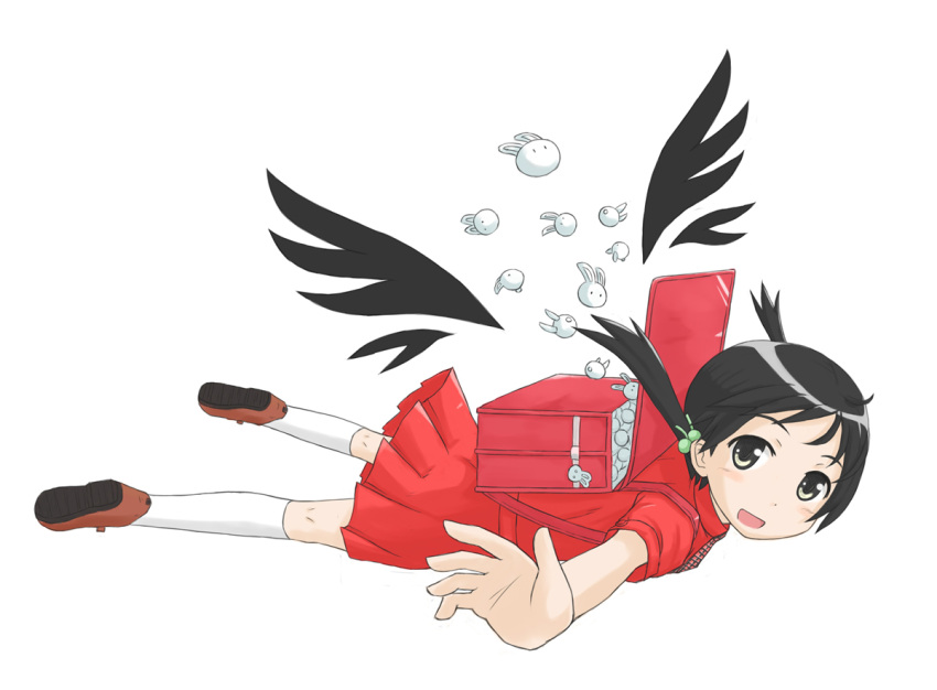 ahoge backpack bad_id bag black_hair black_wings blush bunny child flying kaai_yuki open_arms outstretched_arms rabbit randoseru rukah short_hair skirt smile solo twintails vocaloid wings