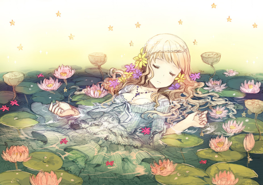 blonde_hair braid closed_eyes cross eyes_closed flower h2so4 hair_flower hair_ornament jewelry lily_pad necklace original sketch solo star water wet