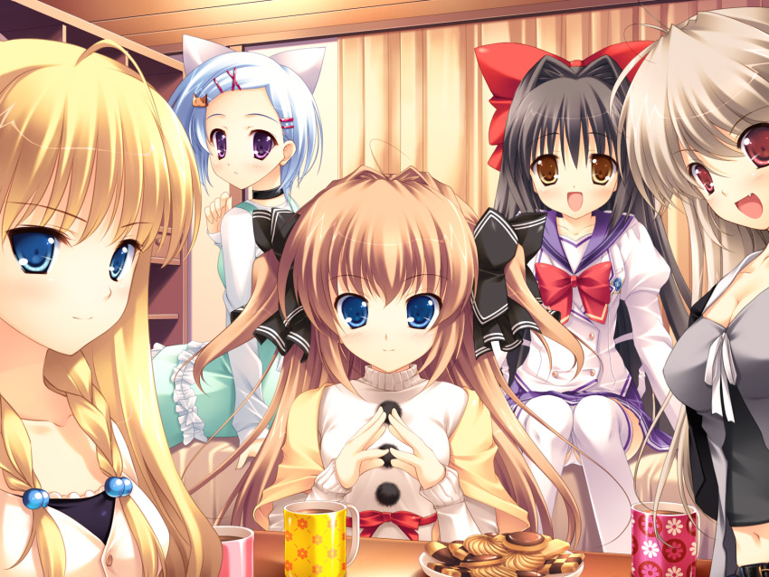 asuka_mirai benzaiten_enishi blonde_hair blue_eyes brown_eyes brown_hair charlotte_vaasa food game_cg mikeou nanairo_kouro nanami_haruka naruse_mamoru purple_eyes rachel_windsor rakko sasorigatame violet_eyes white_hair