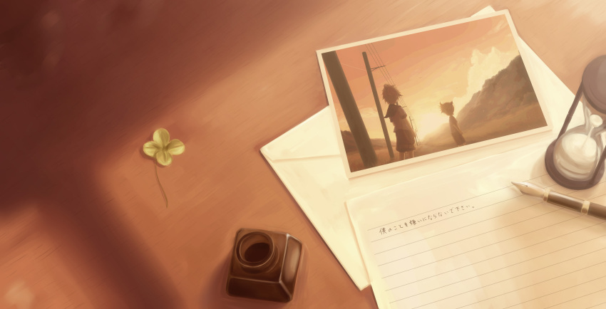 child clover four-leaf_clover highres hirobakar hourglass inkwell kagamine_len landscape letter male multiple_boys paper pen photo_(object) time_paradox vocaloid young