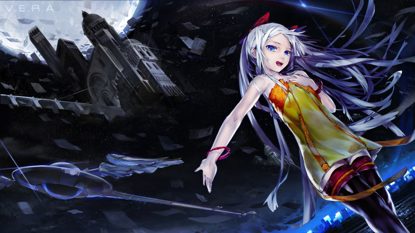 bare_shoulders blue_eyes building castle city dress el-zheng girl grey_hair long_hair moon night original silver_hair solo space thigh-highs thighhighs water